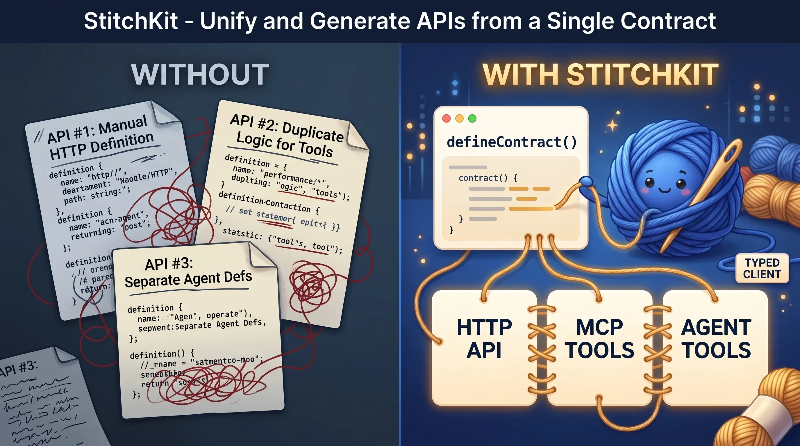 Without stitchkit the same API is hand-written for every surface; with stitchkit one contract drives them all